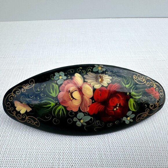 Hand Painted Lacquer Hair Barrette — Floral Russian Folk Art Style 4" Clip - Picture 10 of 12